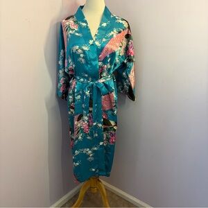 Floral Blue Satin Kimono Robe,Size S